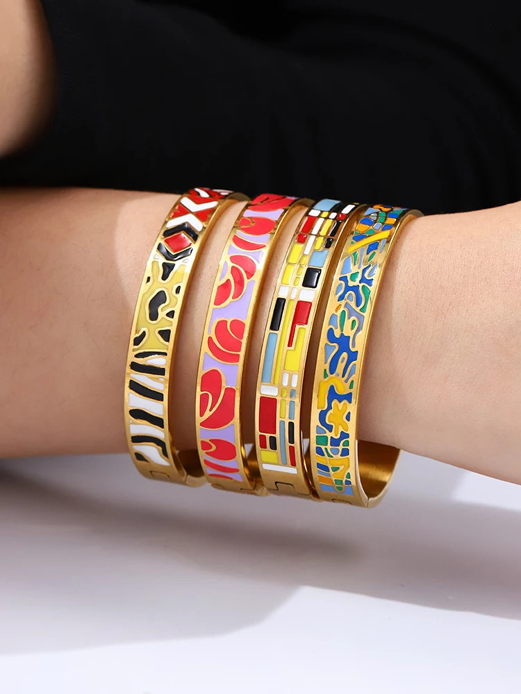 Stainless Steel Enamel Cuff Bangle Women Gold Tone Geometric Round Jewelry