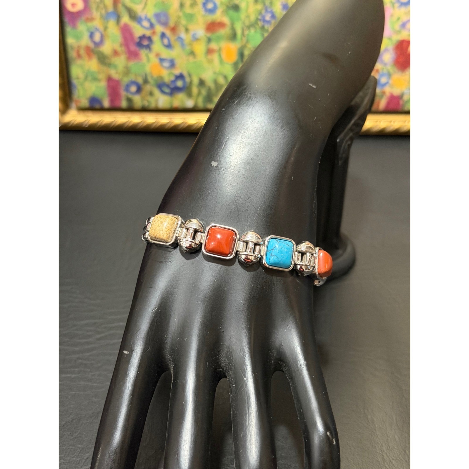 Link Bracelet Womens Multi Faux Stone Silver Excellent Southwestern Boho Square