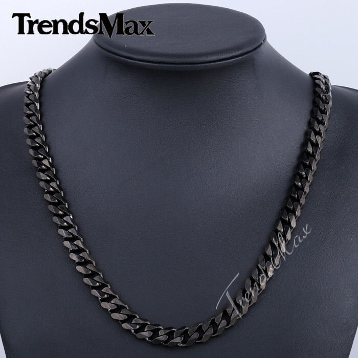 11mm Mens Chain Black Tone Curb Cuban Link Stainless Steel Necklace 18-28inch