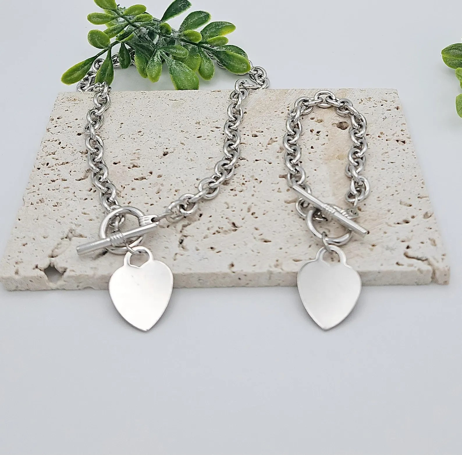 Gold Toggle & Tag Necklace & Bracelet Set, 14k Heavy Plated Gold or Silver