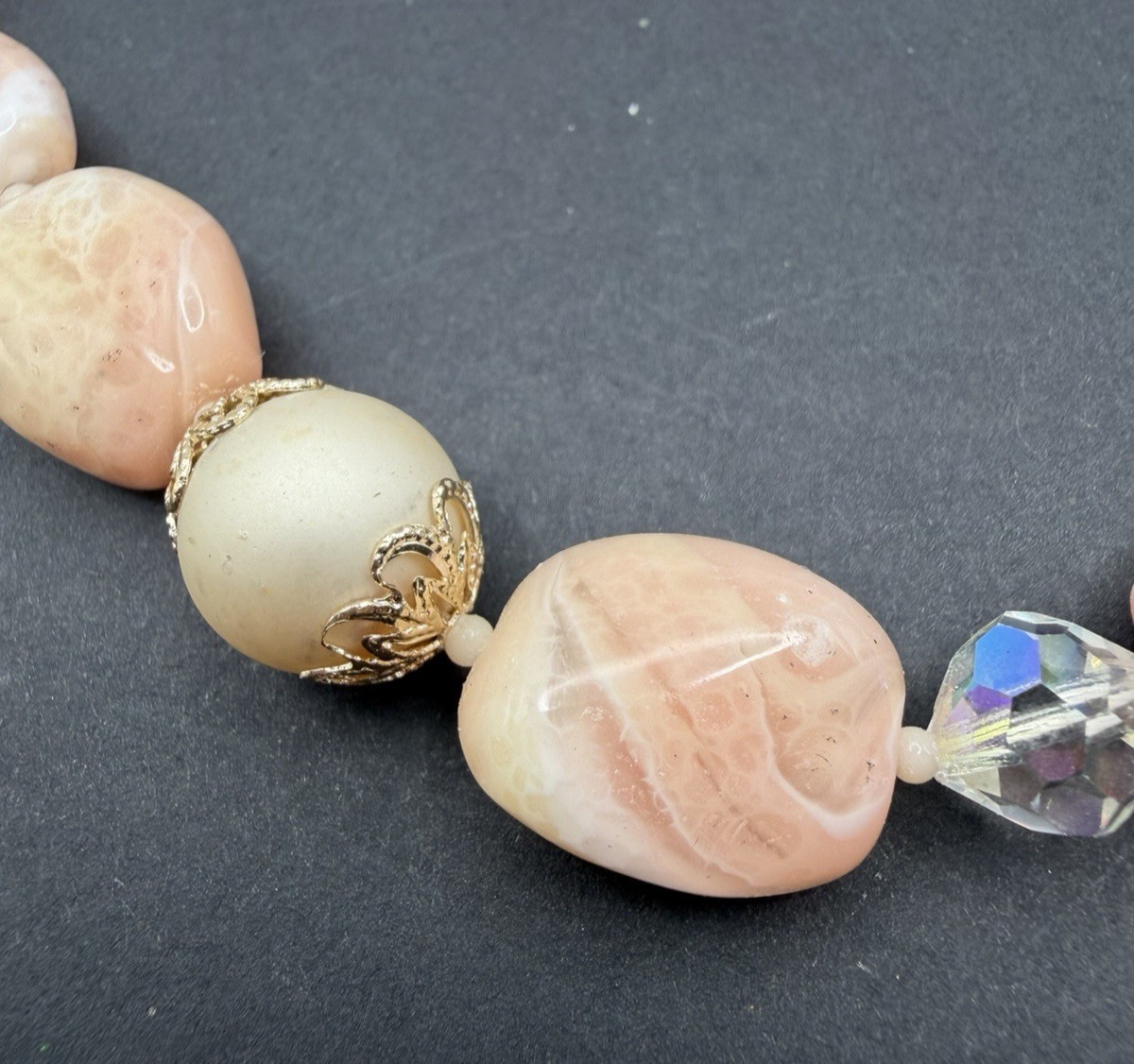 Pink Marbled Beaded Necklace Rhinestone Flower Box Clasp 19″ Japan Vintage