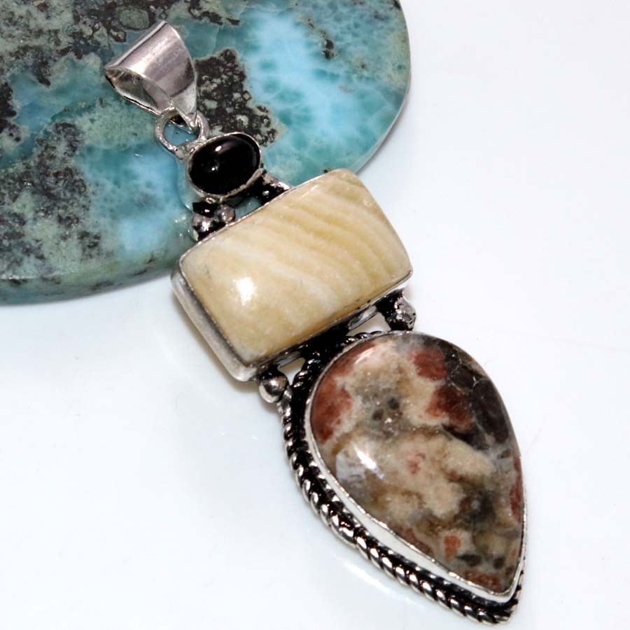 925 Silver Plated Long Natural Garnet In Limestone Black Onyx Pendant 2.4″ GW