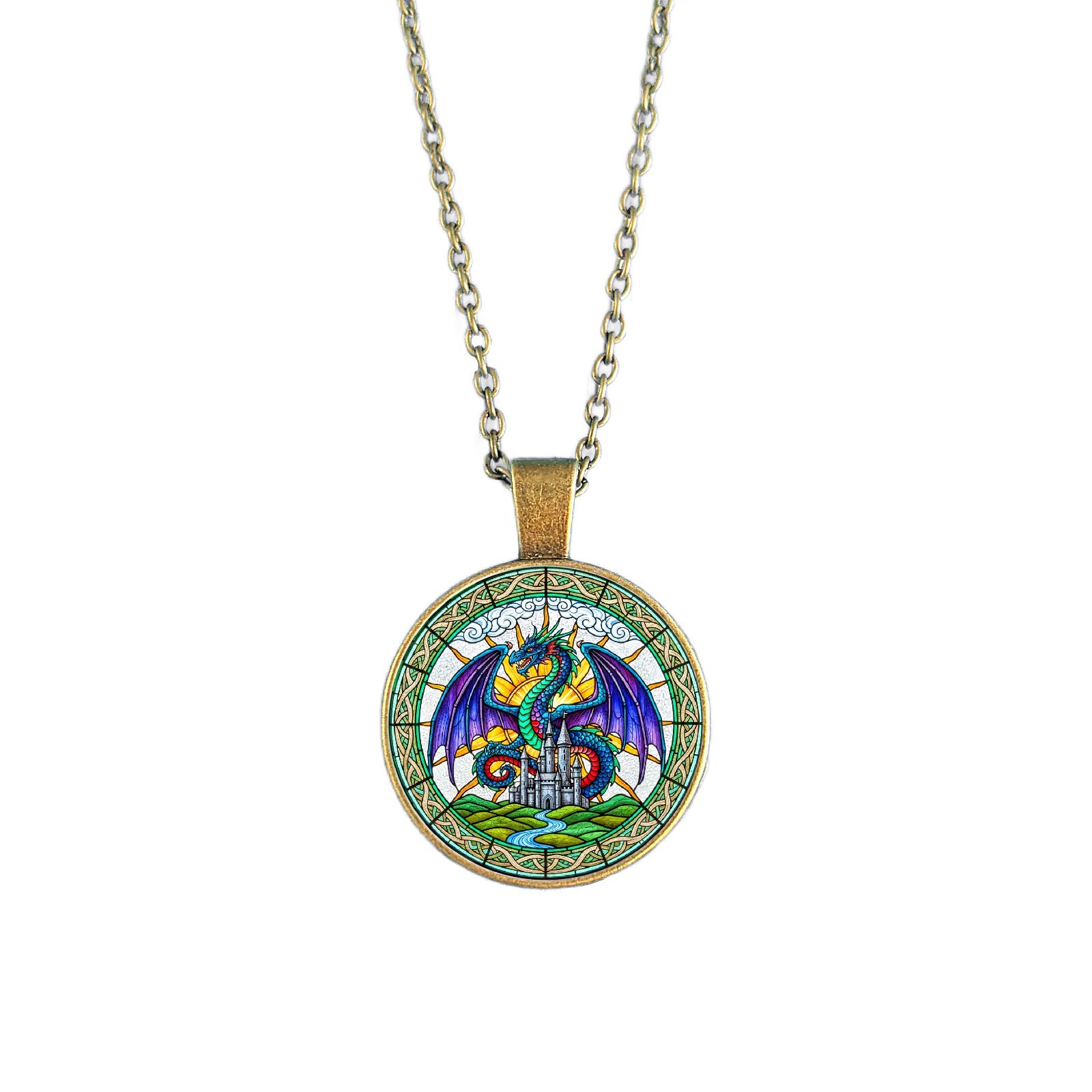 Dragon Fantasy Necklace Mythical Creature Pendant Gift RPG Stained Glass Design