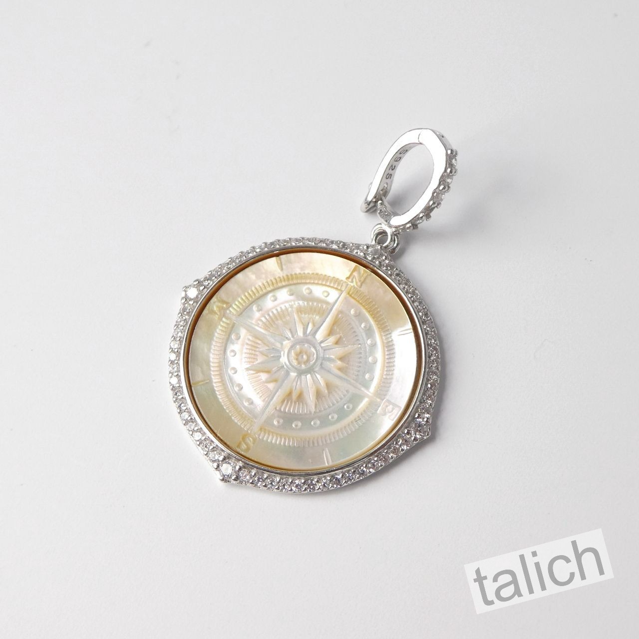 925 Sterling Silver CZ MOP Compass Rose Cameo Pendant North Star Unique Gift