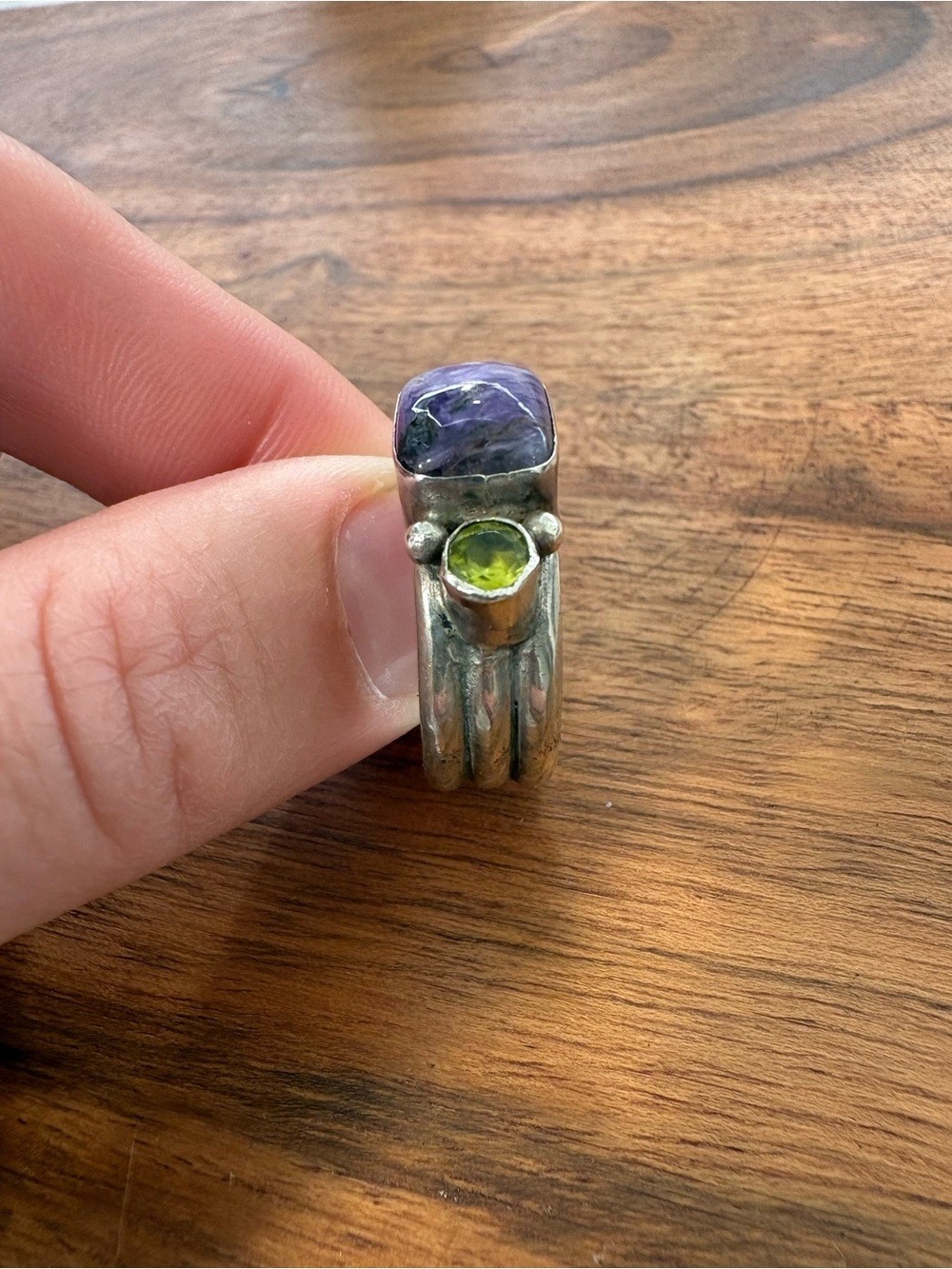 Bohemian Inspired Sterling Silver Ring with Purple and Green Stones – Size 7.5