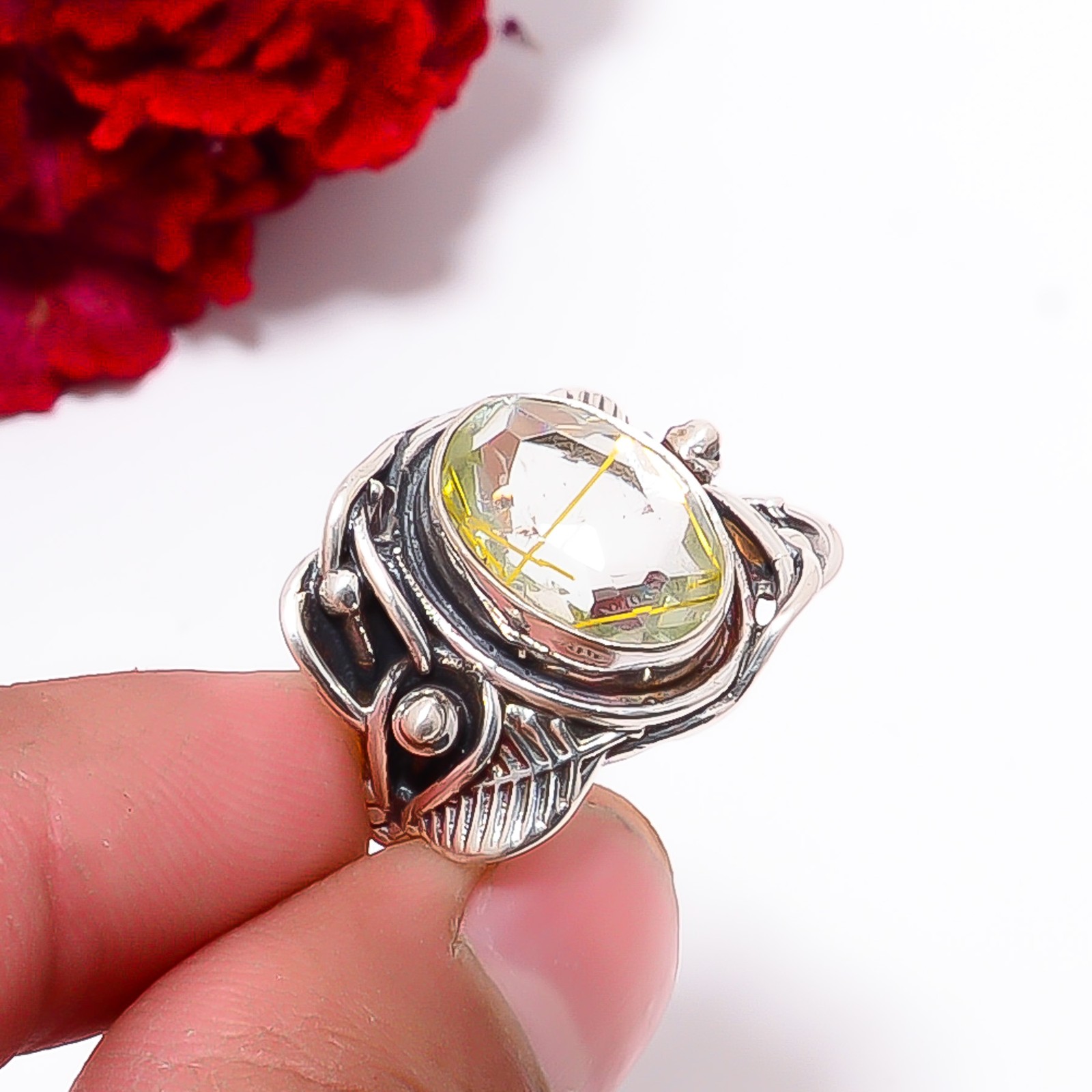 Golden Rutilated Quartz Handmade Oxidised 925 Sterling Silver Ring S.6 R97923