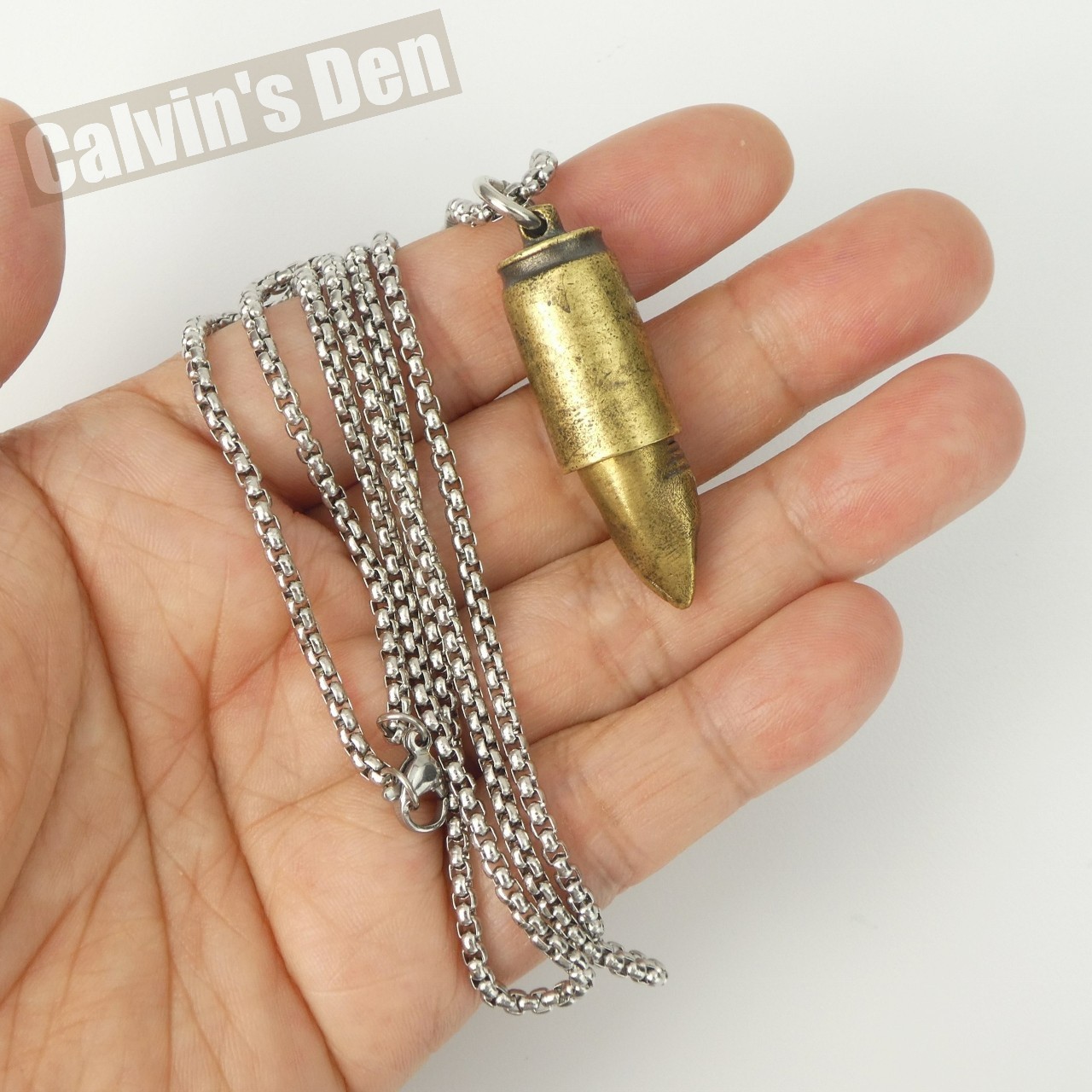 Solid Brass Shark Head Bullet Pendant Necklace Punk Fun Gift