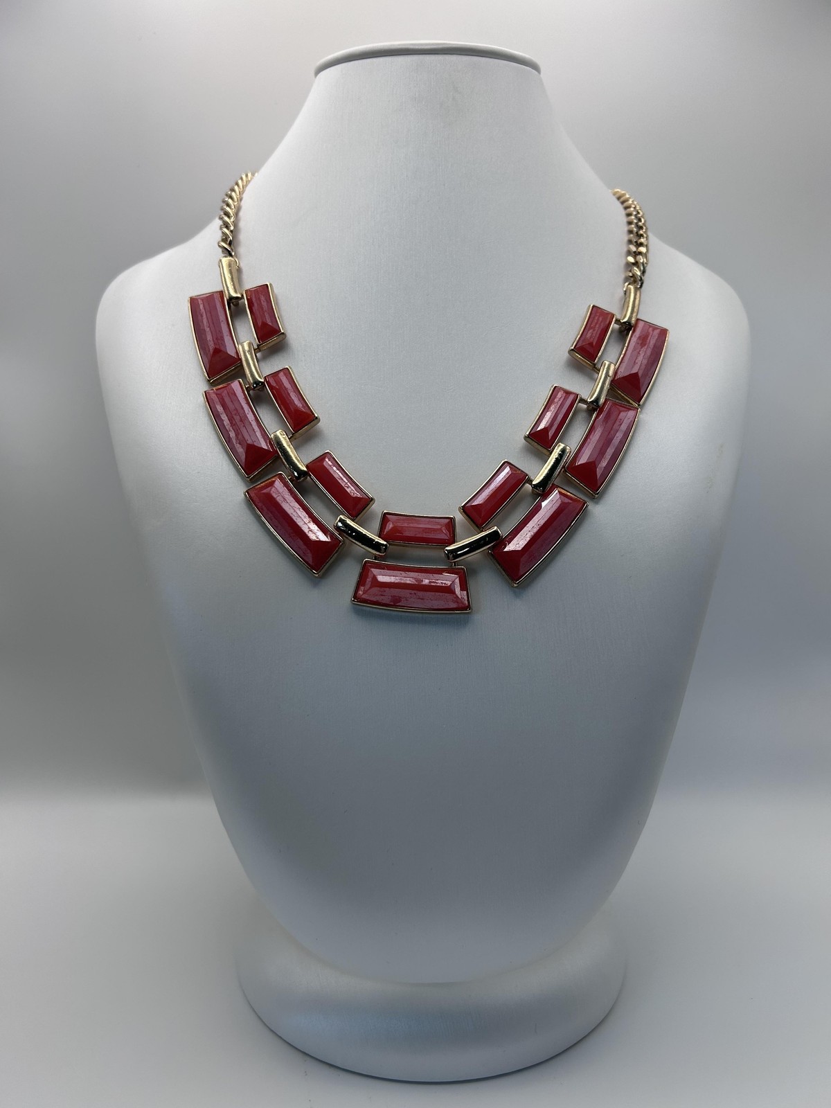 Necklace Red Resin Bib Statement Gold Tone Rectangle Pendant Lobster 18 In
