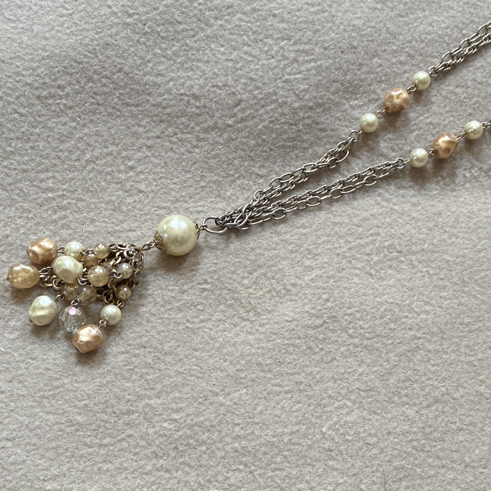 Vintage,Silver-Tone Multi-Strand Chain Necklace w/Ivory & Peach Pearl Pendant