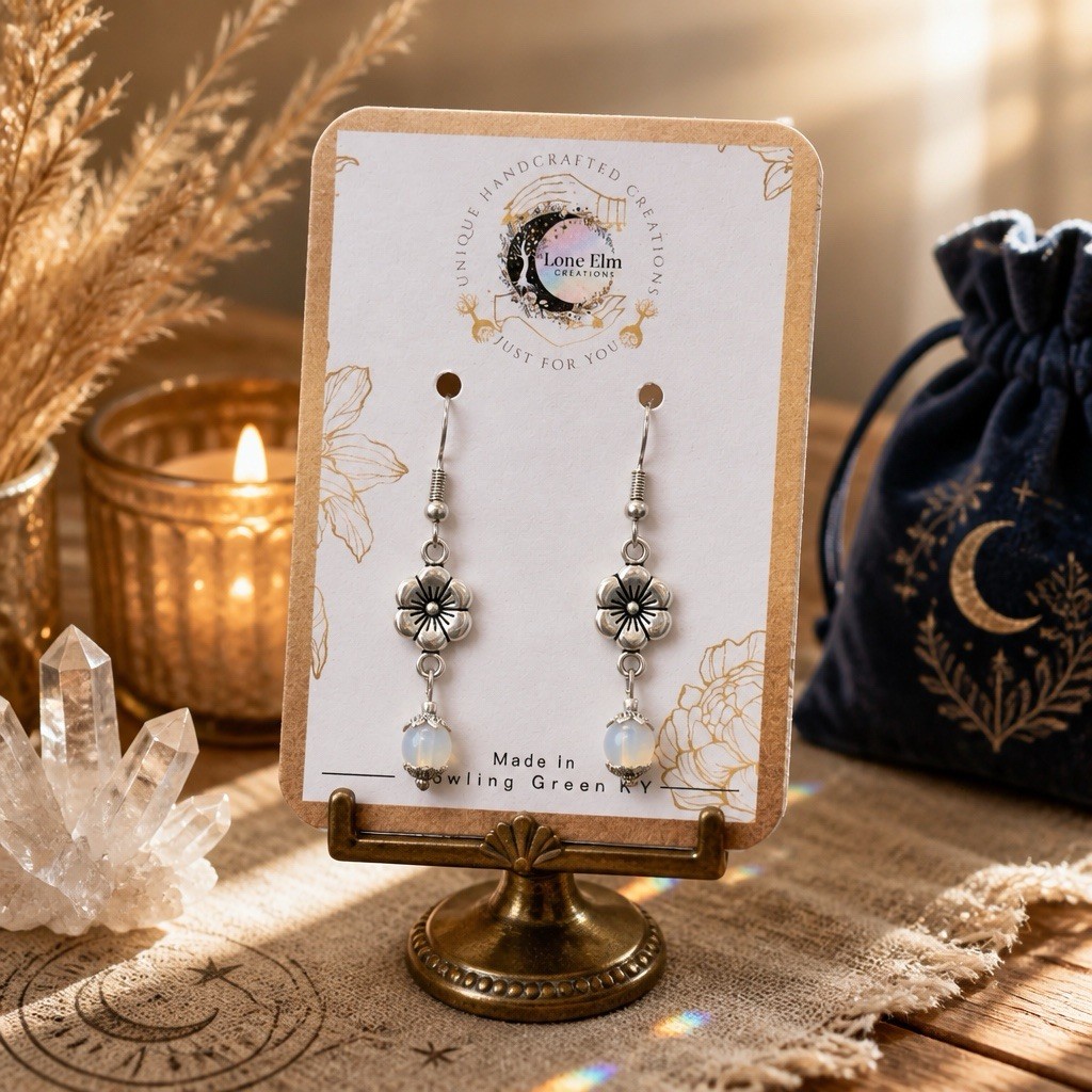 Lone Elm Creations Handmade Silver Tone Flower White Bead Hook Dangle Earrings