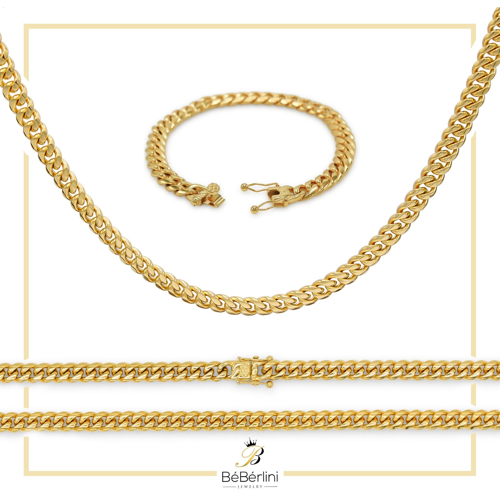 Cuban Link 14K Gold Plated Necklace 30″ Bracelet 8.5″ Fashion Jewelry Set Men