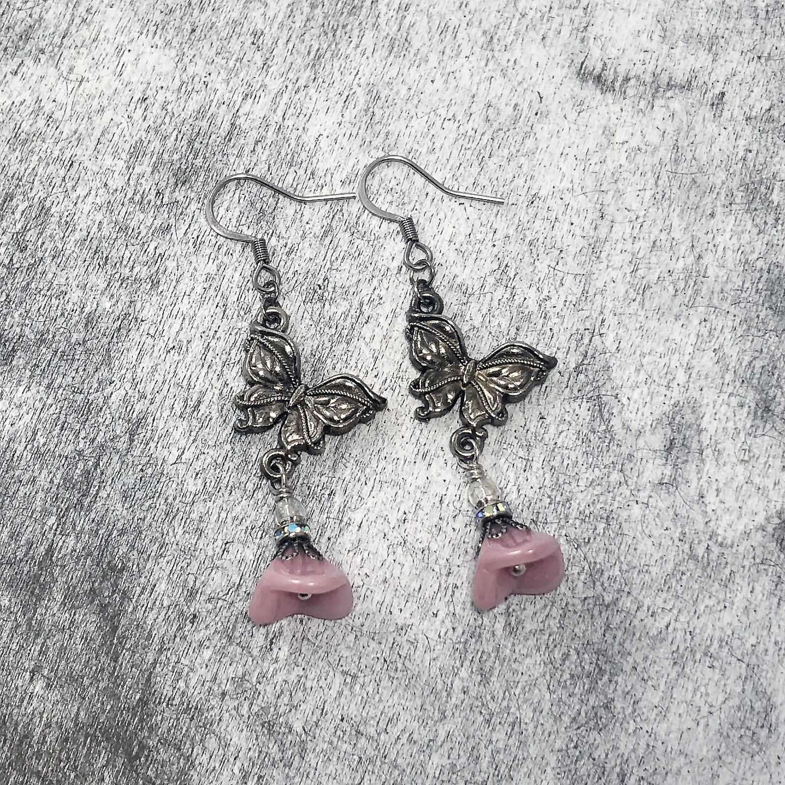 Art Nouveau Silver Pewter Buttefly Earrings with Pink Czech Bell Flower