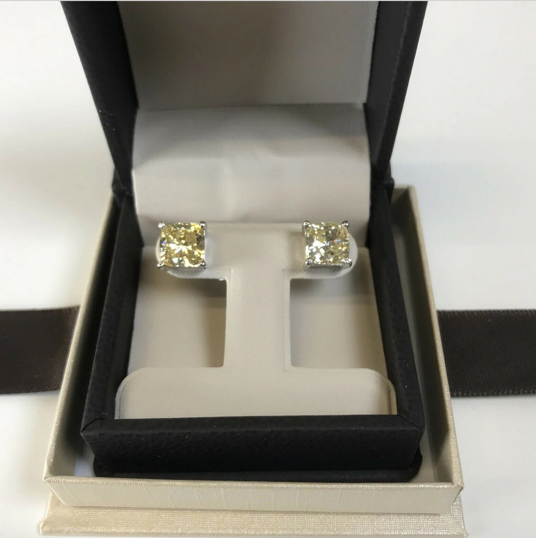 3 Ct Studs Diamond Earrings Cushion Fancy Canary Yellow Man Made 14k Solid Gold