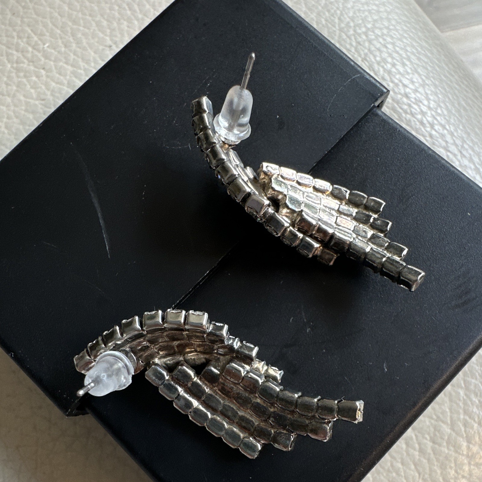 Silver Tone Clear Crystal Rhinestone Wing Ear Climber Stud Earrings, vintage
