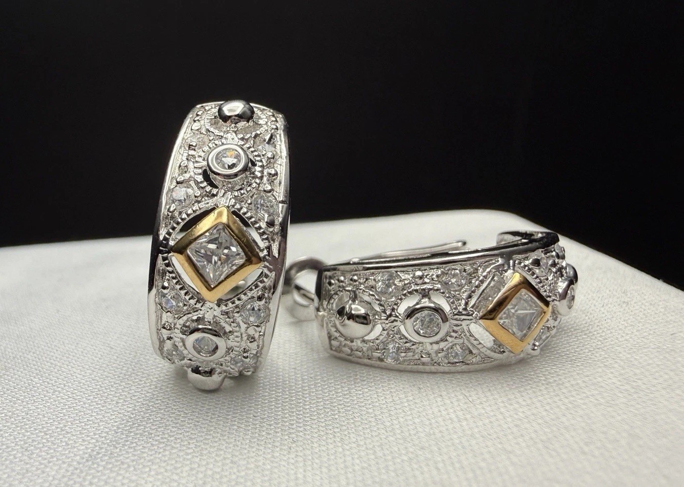 Sterling Silver 925 Cubic Zirconia Hinged Hoop Earrings – 19mm Vintage 5.8g FAS