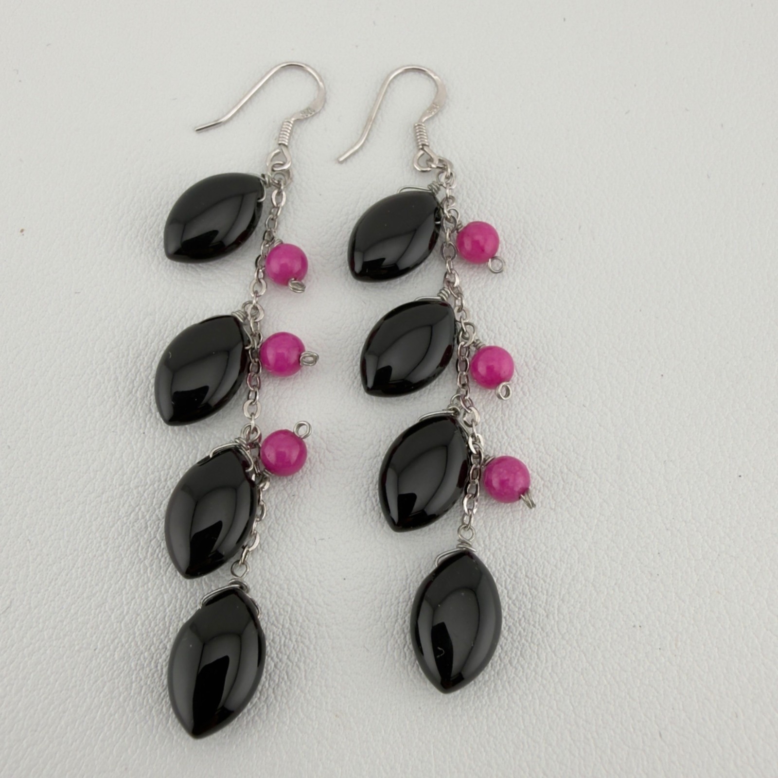 Sterling Silver Long Beaded Dangle Earrings Black Pink 2.5″