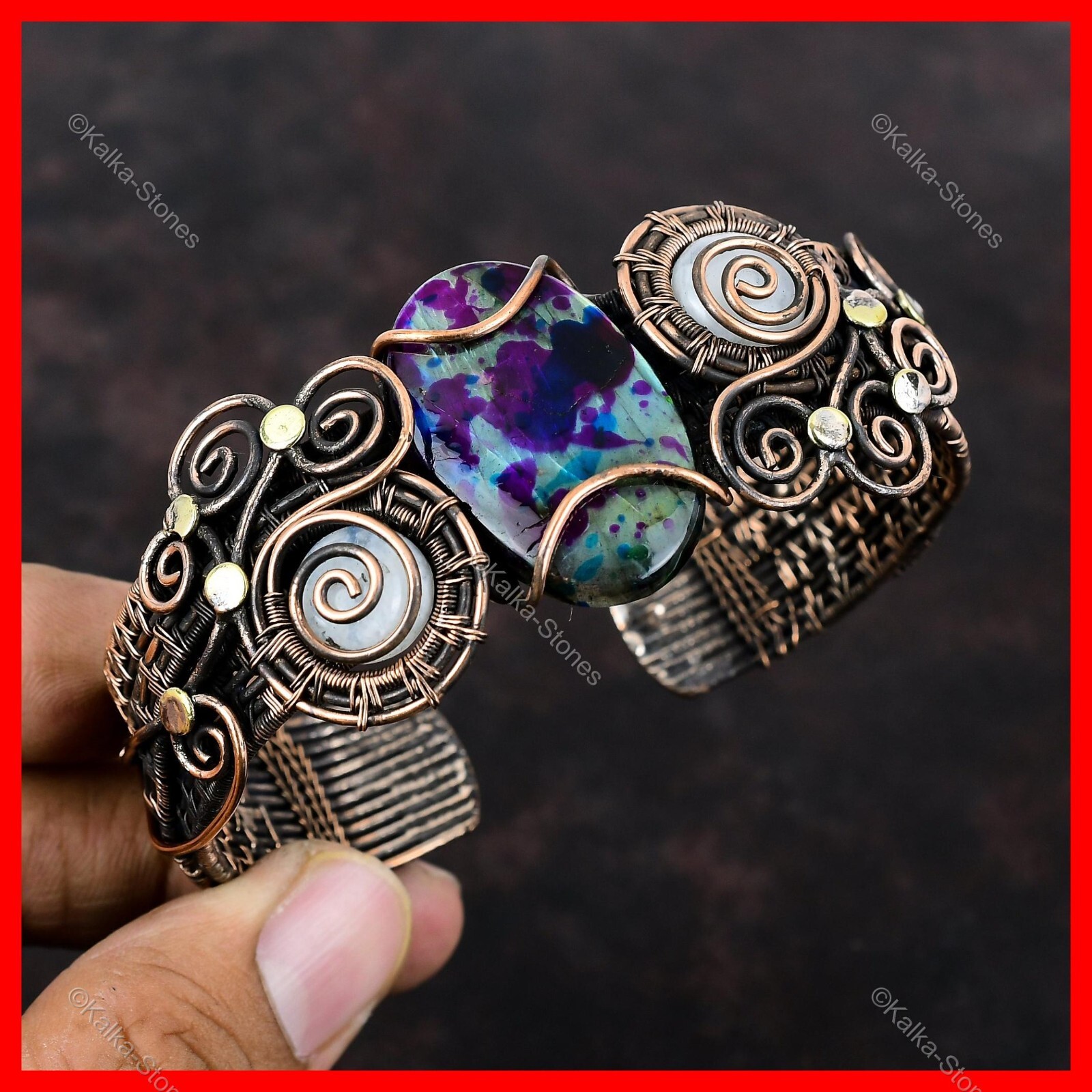Oval Multi Fire Labradorite Gemstone Rainbow Moonstone Copper Wife Cuff Jewelry