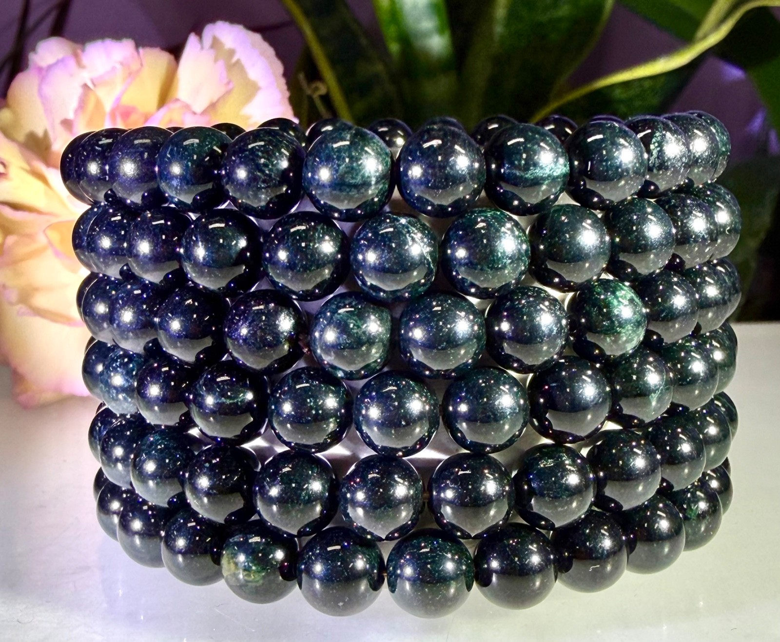 Wholesale 6 Pcs 7.8mm Burma black Jade Jadeite Crystal Stretch Bracelet 7.5”