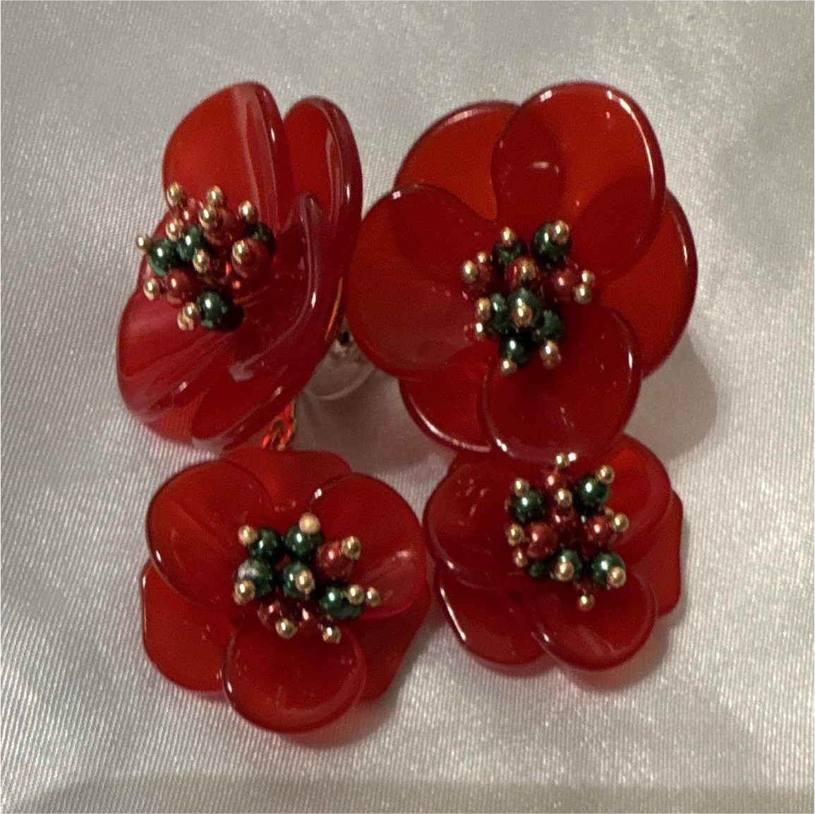 Red & Gold Tone Flower Drop Earrings Plastic Metal No Stone