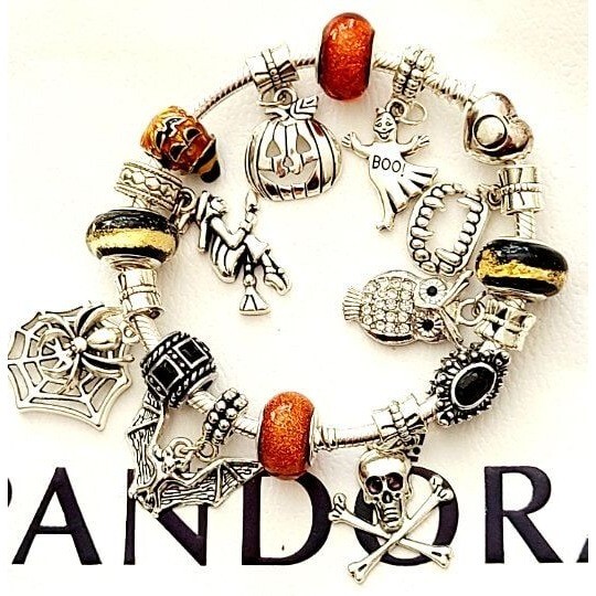 PANDORA GOTHIC HALLOWEEN Charm Bracelet .925 Sterling Silver Bat Skull Witch Te