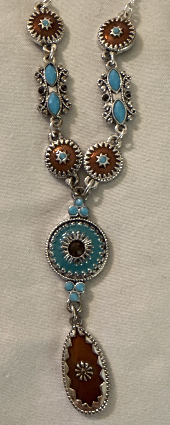 Generic Silver Tone Blue & Brown Pendant Necklace & Dangle Earrings Set