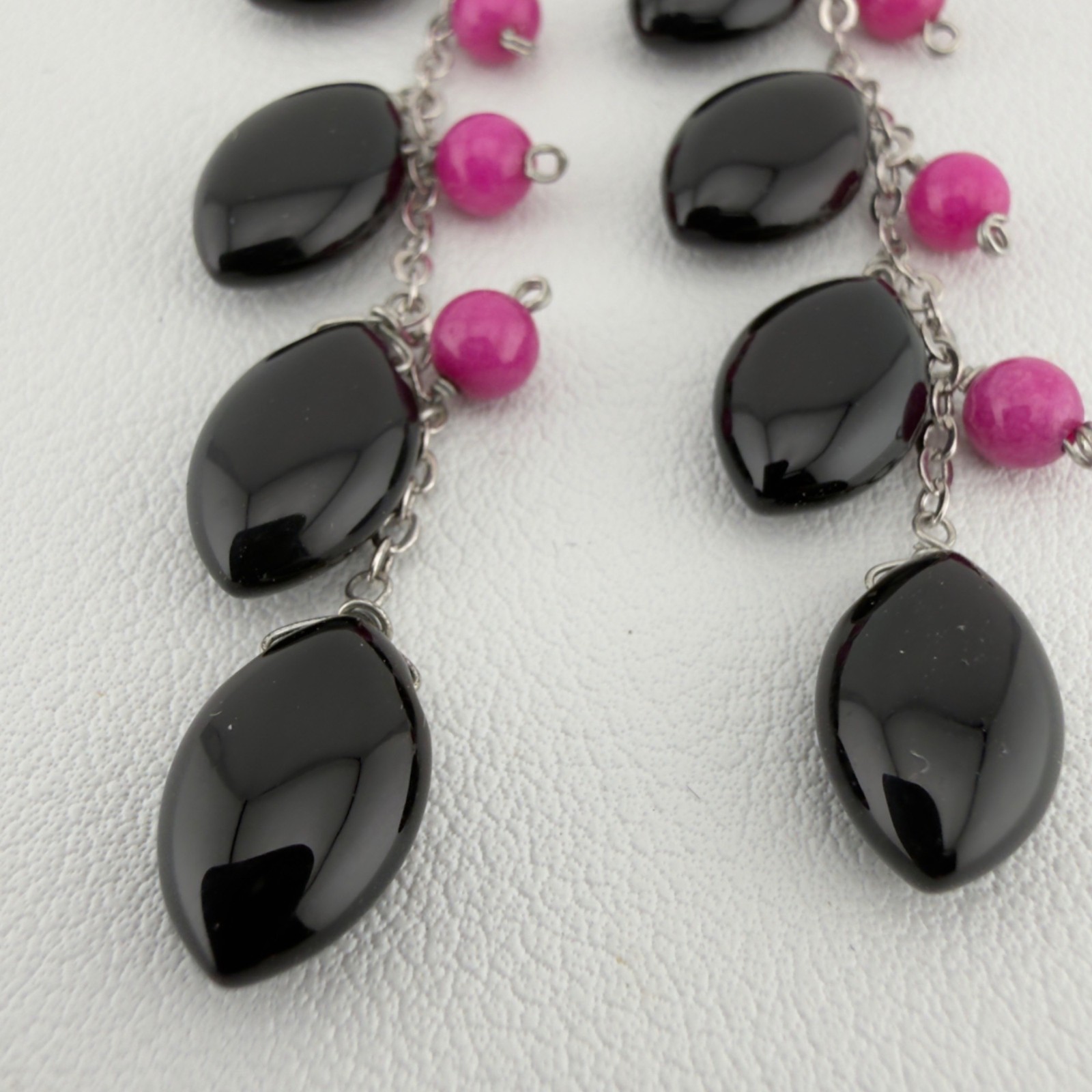 Sterling Silver Long Beaded Dangle Earrings Black Pink 2.5″