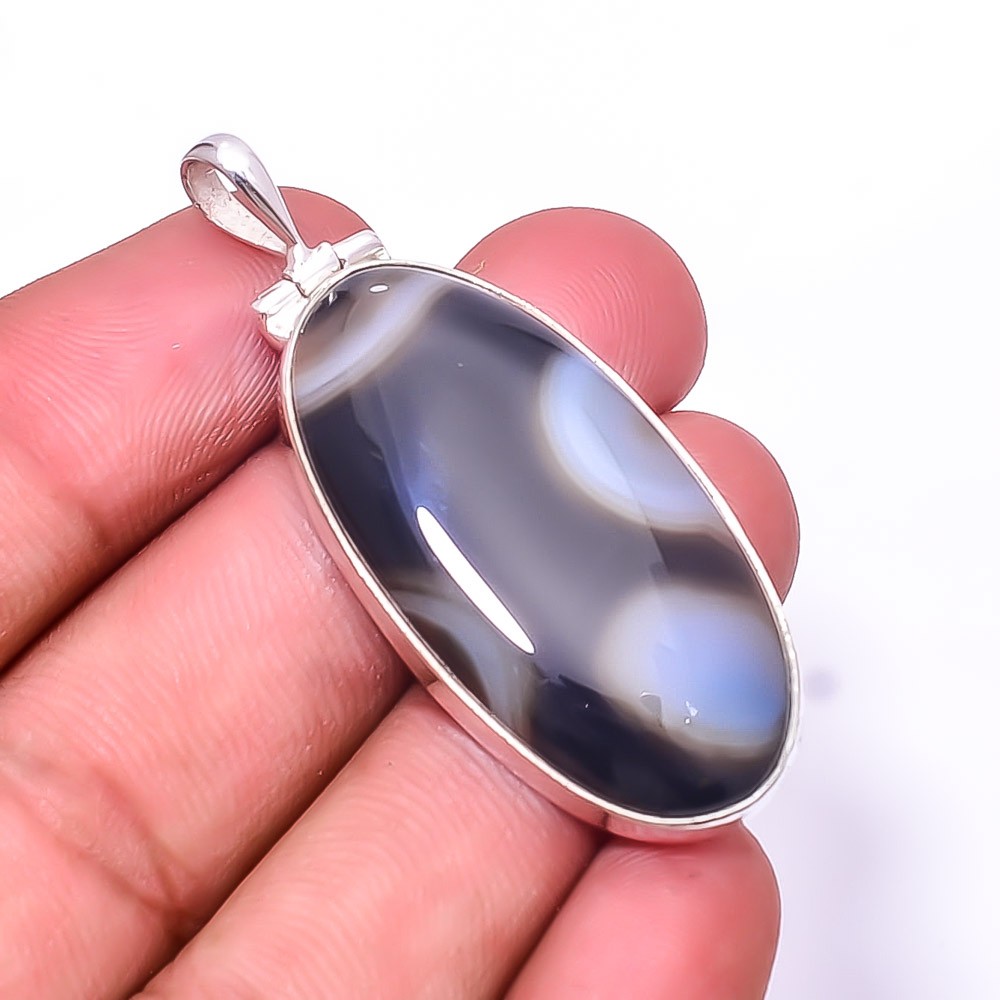 Natural Black Banded Agate 925 Sterling Silver Pendant 2.07″ P31, Christmas Gift