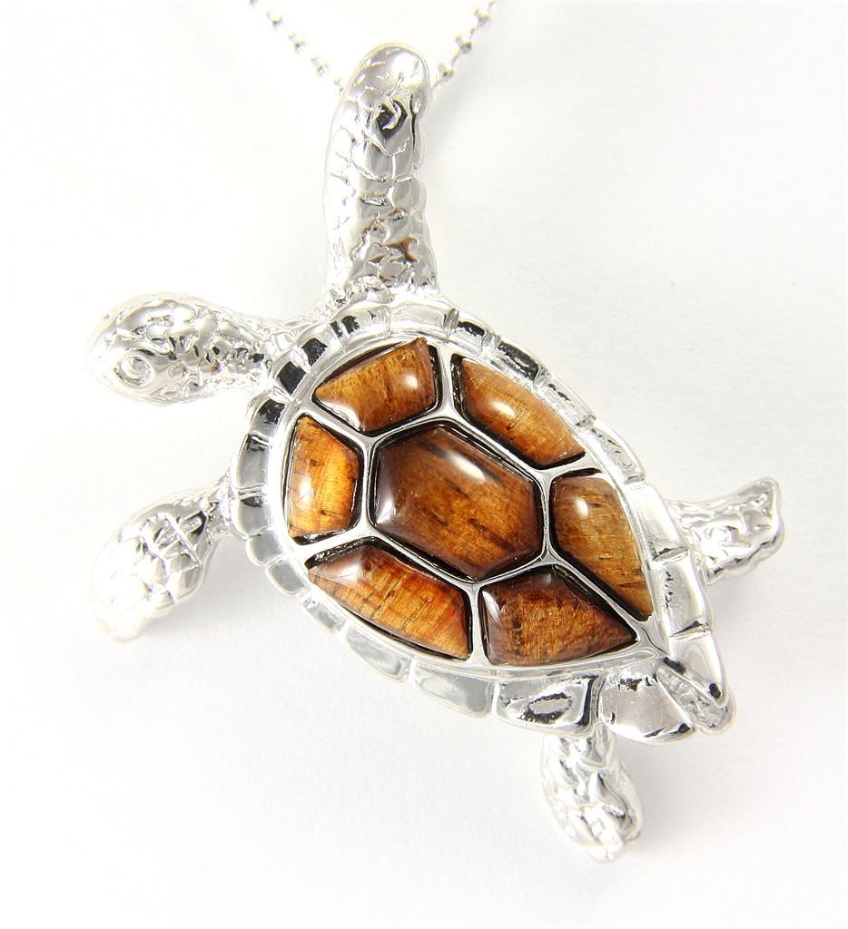 GENUINE INLAY HAWAIIAN KOA WOOD SEA TURTLE SLIDER PENDANT SILVER 925 LARGE 33MM