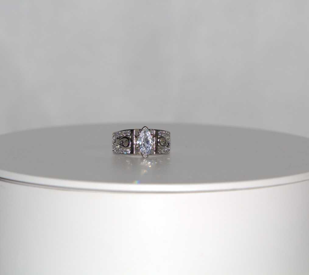 Marquise CZ Statement Ring 925 Sterling Silver Wide Band Filigree Size 6