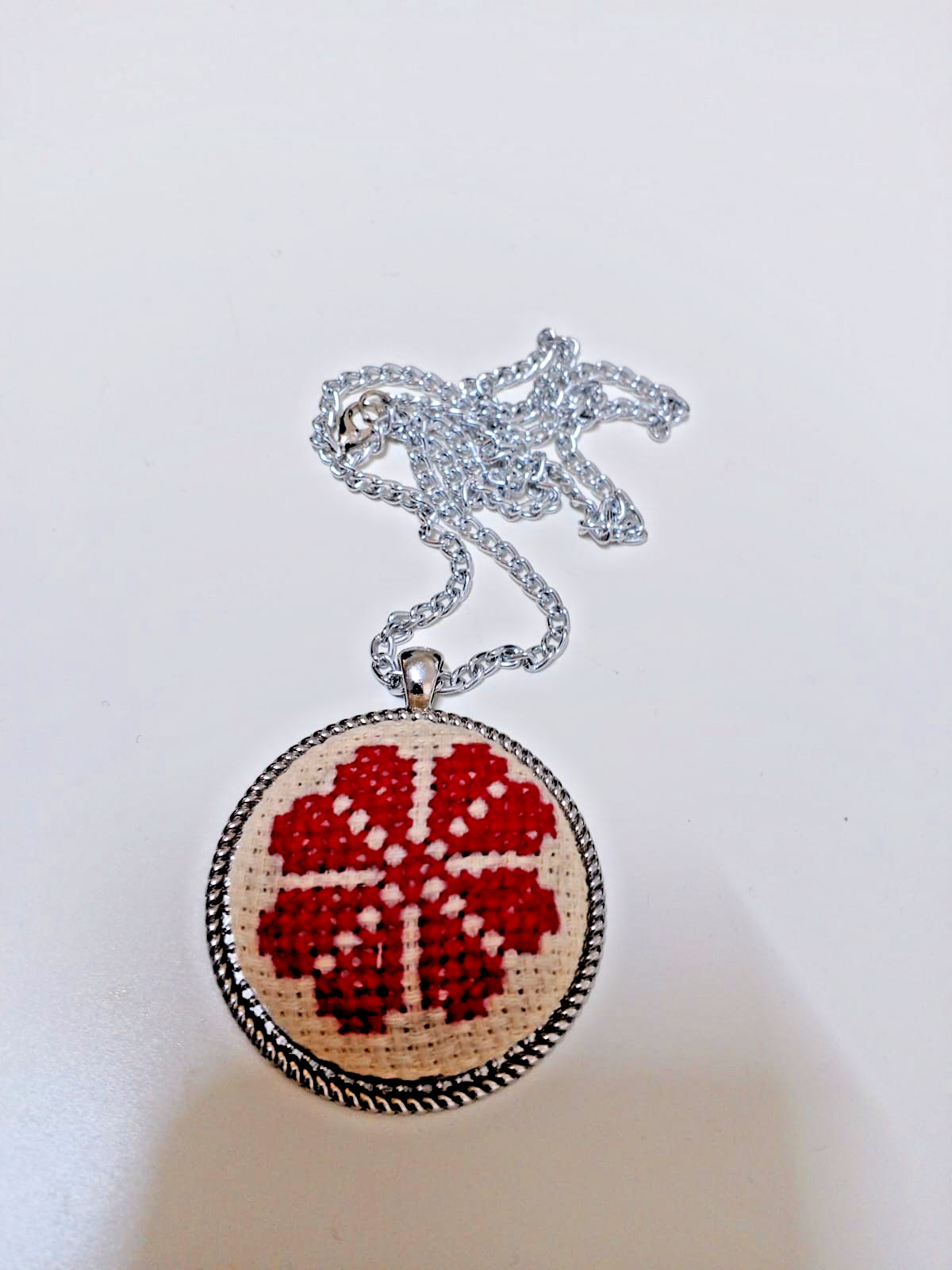 Handmade Cross Stitch Aida Fabric Pendant Necklace Stainless Steel Chain