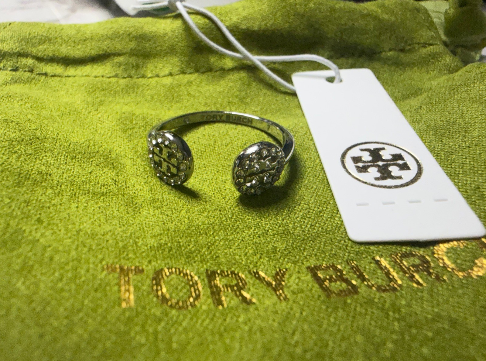 NEW Tory Burch SILVER Open PAVE Ring Sz 7 Adjustable Retail $168 Tag & Dust Bag