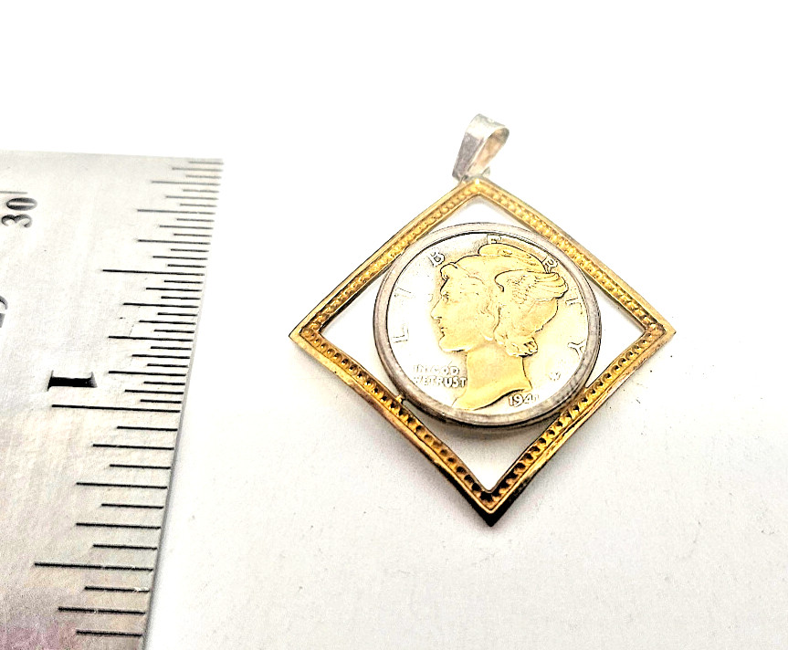 sterling Silver .925 Mercury Dime Pendent with gold detail