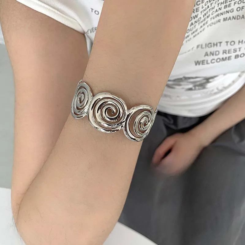 Punk Silver Geometric Spiral Bracelet Vintage Metal Open Adjustable Cuff Bangle