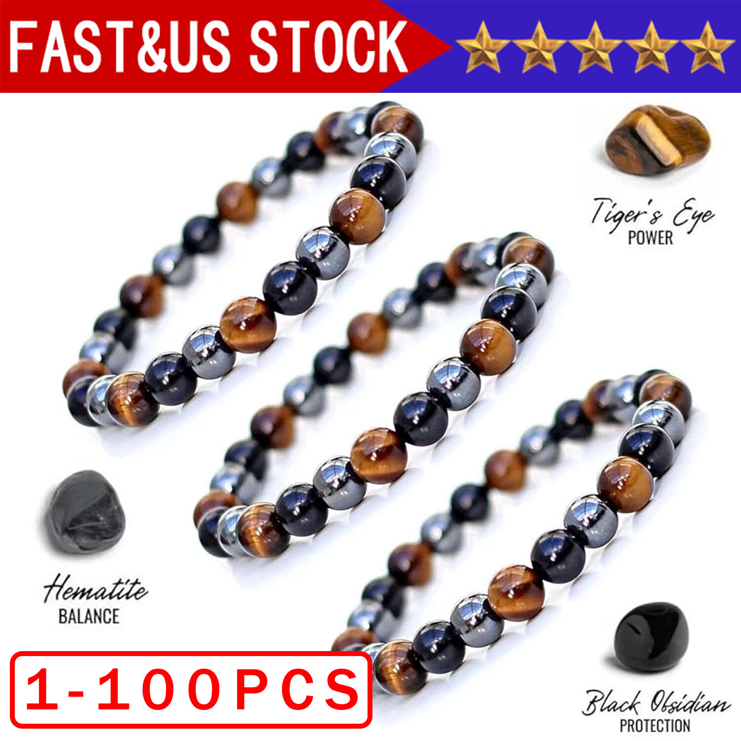 Natural Energy Healing Stretch Bracelet Stone Hematite Tiger Eye for Men Women