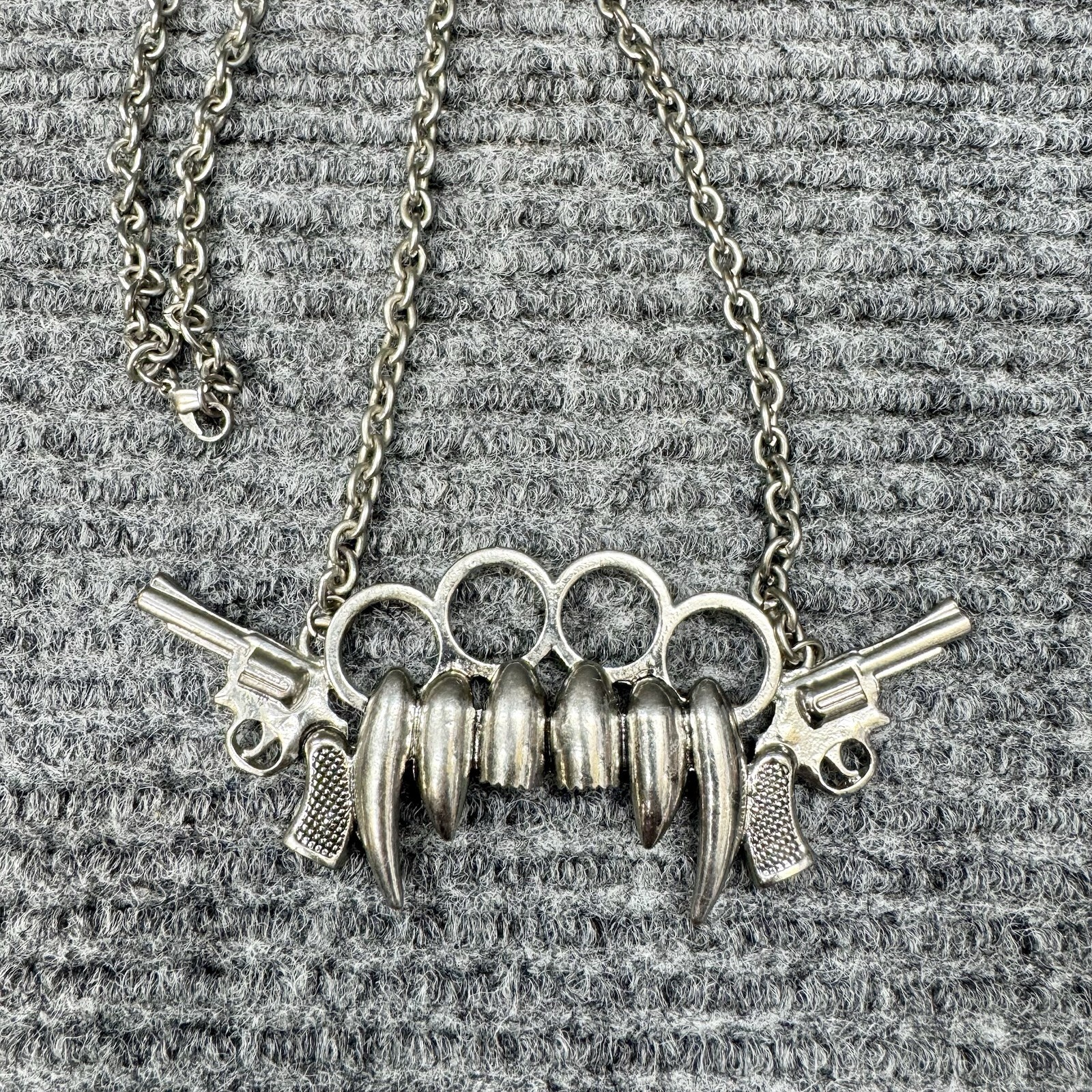 Brass Knuckle Vampire Teeth Necklace Silver Tone Revolver Gun Gothic Pendant Y2K