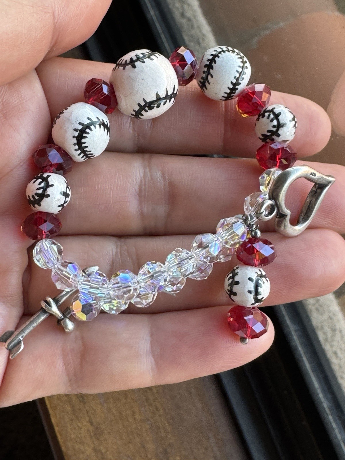 Sterling Silver 925 Beaded Crystals Baseball Bracelet W/heart Charm Sports 8”
