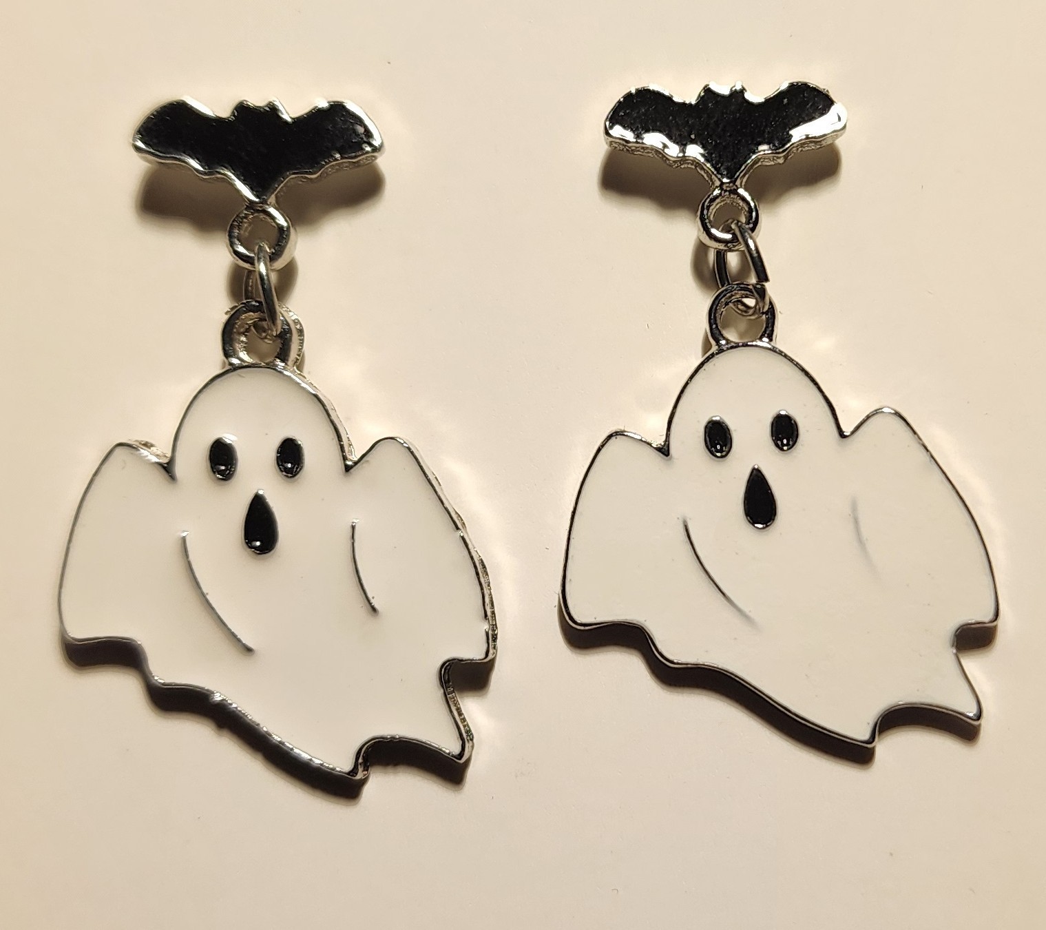 Halloween Bat Ghost Enamel Dangle Stud Earrings White Black Spooky Costume