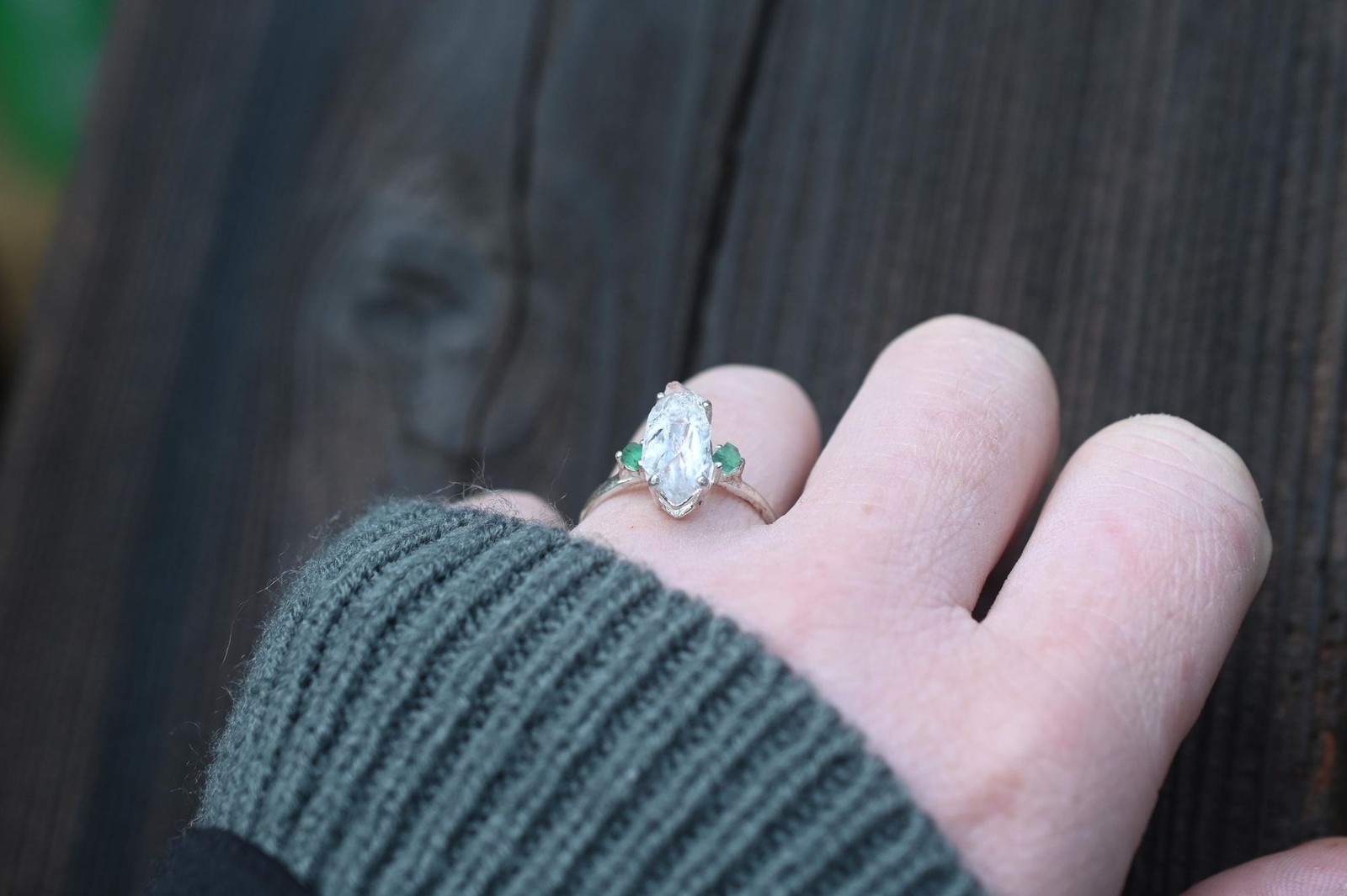 Engagement ring Emerald and Lake County diamond sterling silver size 3 4 5 6 7