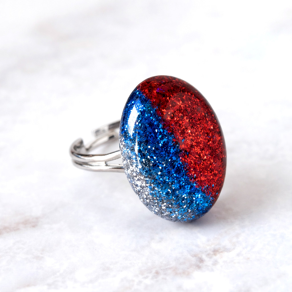 Red Blue Silver Glitter Statement Cocktail Ring Adjustable Silver Band USA