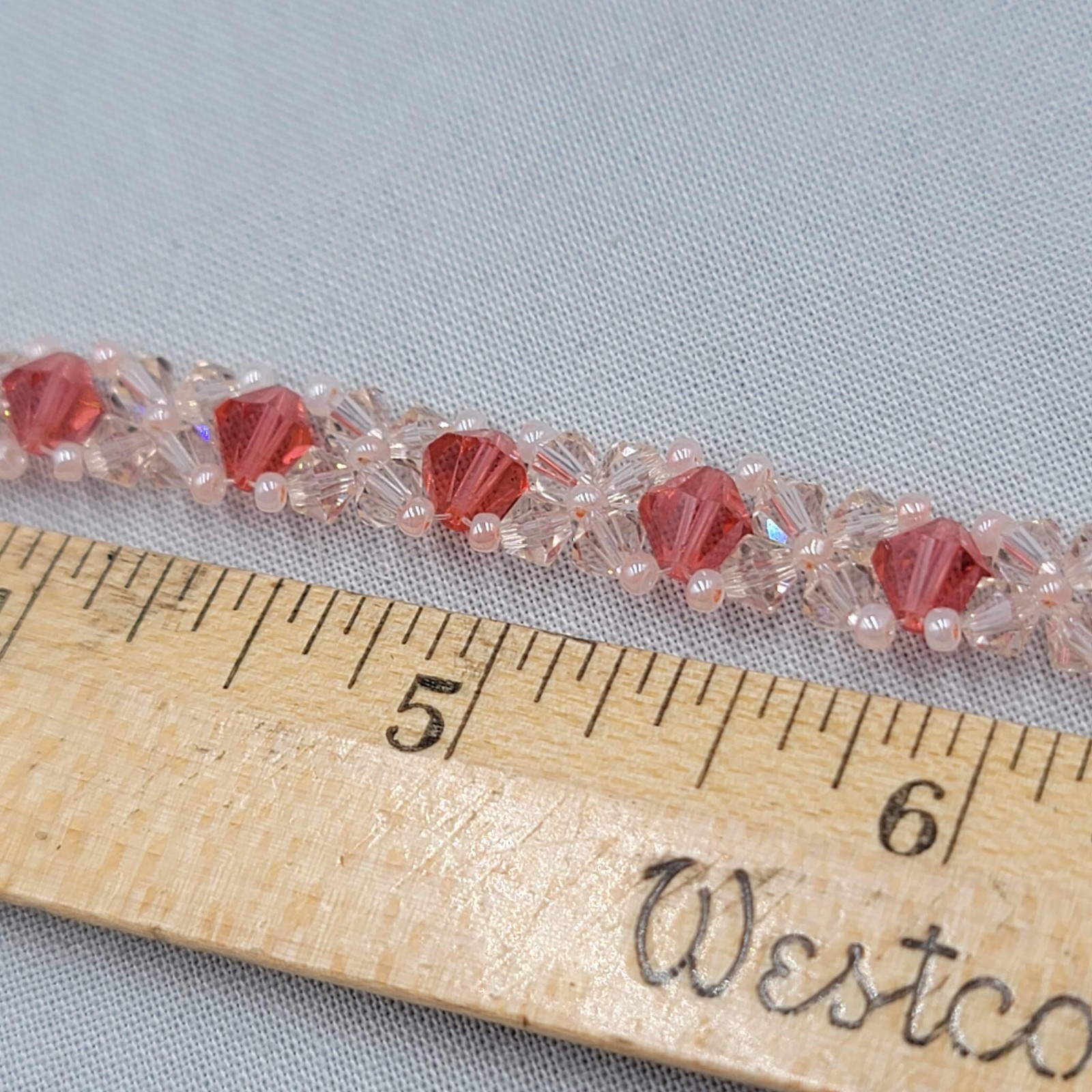 Pink Crystal Bicone Weave Bead Bracelet Toggle Closure 7.5″