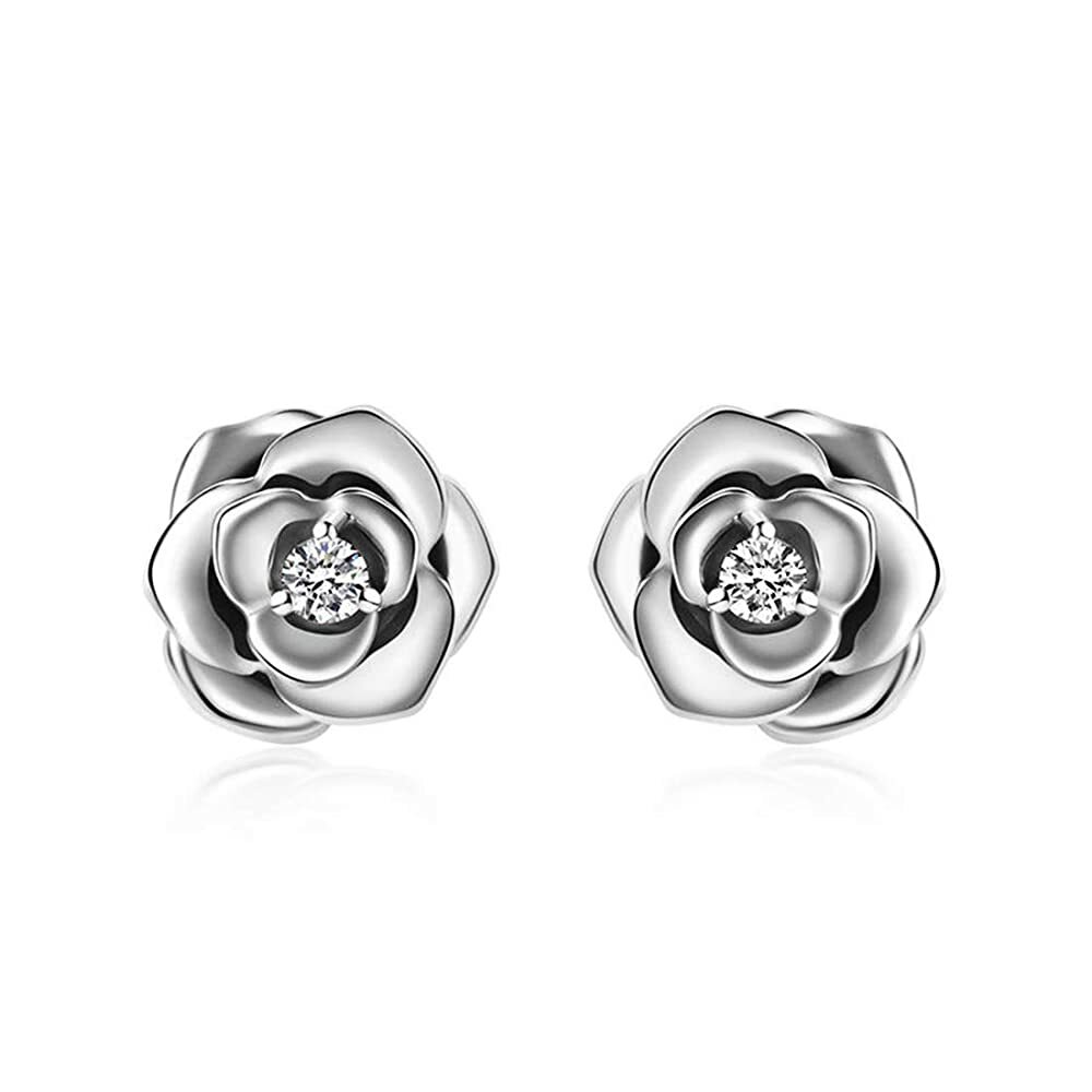 Sterling Silver CZ Stone Flower Stud Earrings Jewelry Gift For Women