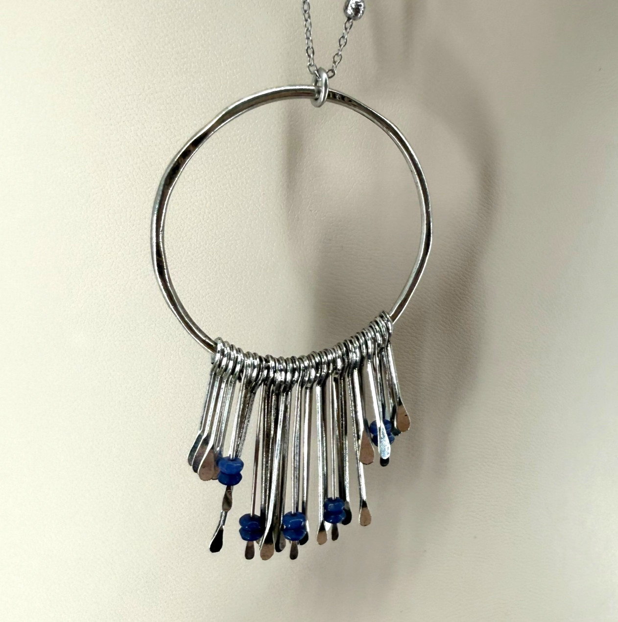 J. Jill Beaded Necklace Blue Silver Fringe Pendant Long Boho Artisan Statement