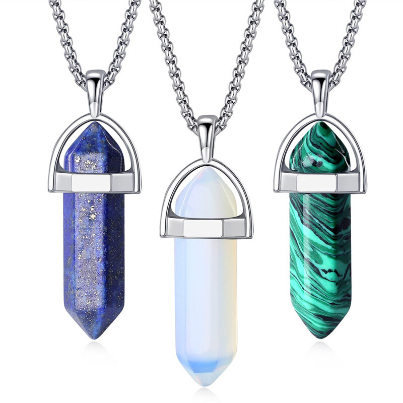 3pcs Natural Healing Gemstones Hexagonal Pointed Reiki Chakra Pendant Set