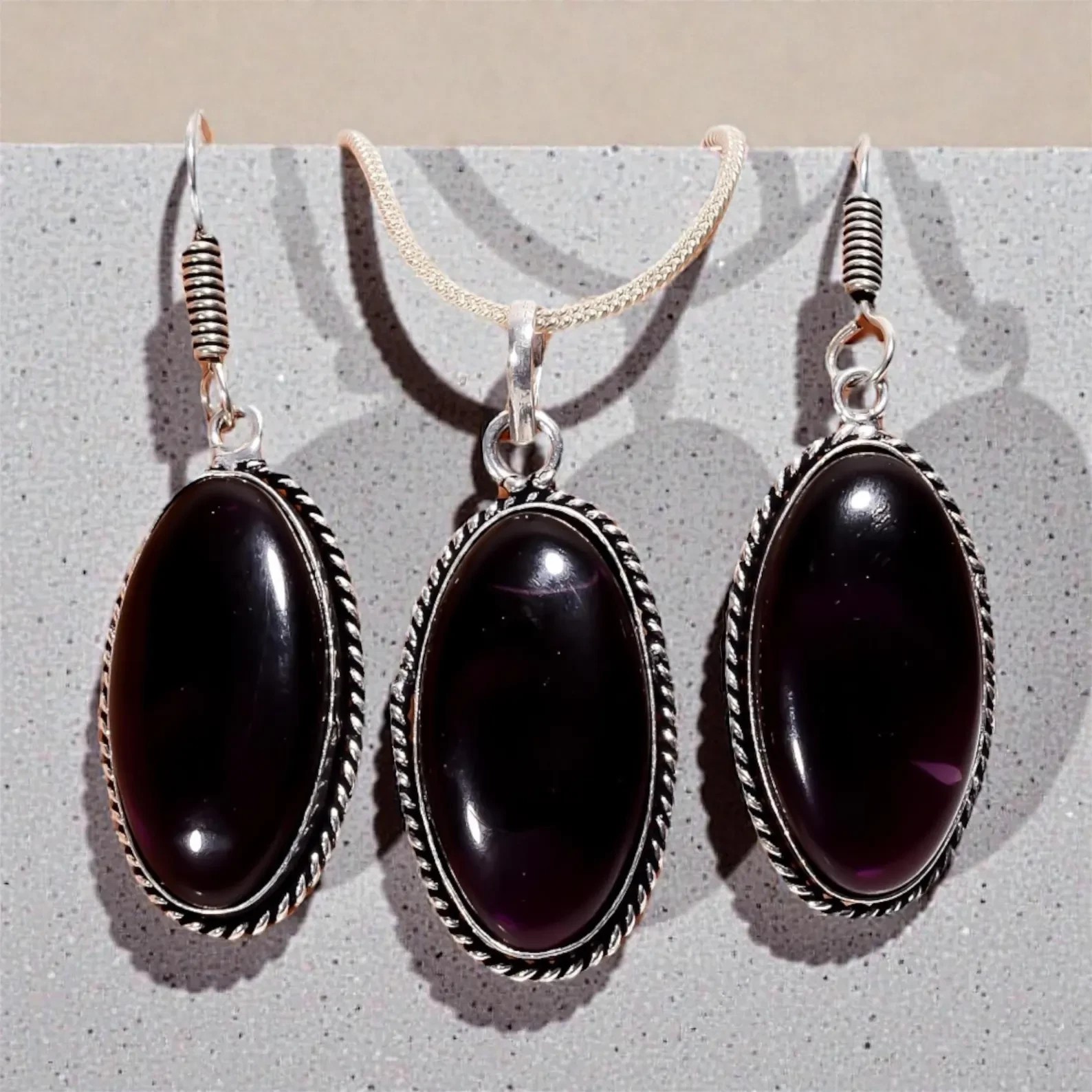 925 Sterling Silver Purple Amethyst Pendant & Earring Set Oval Cabochon