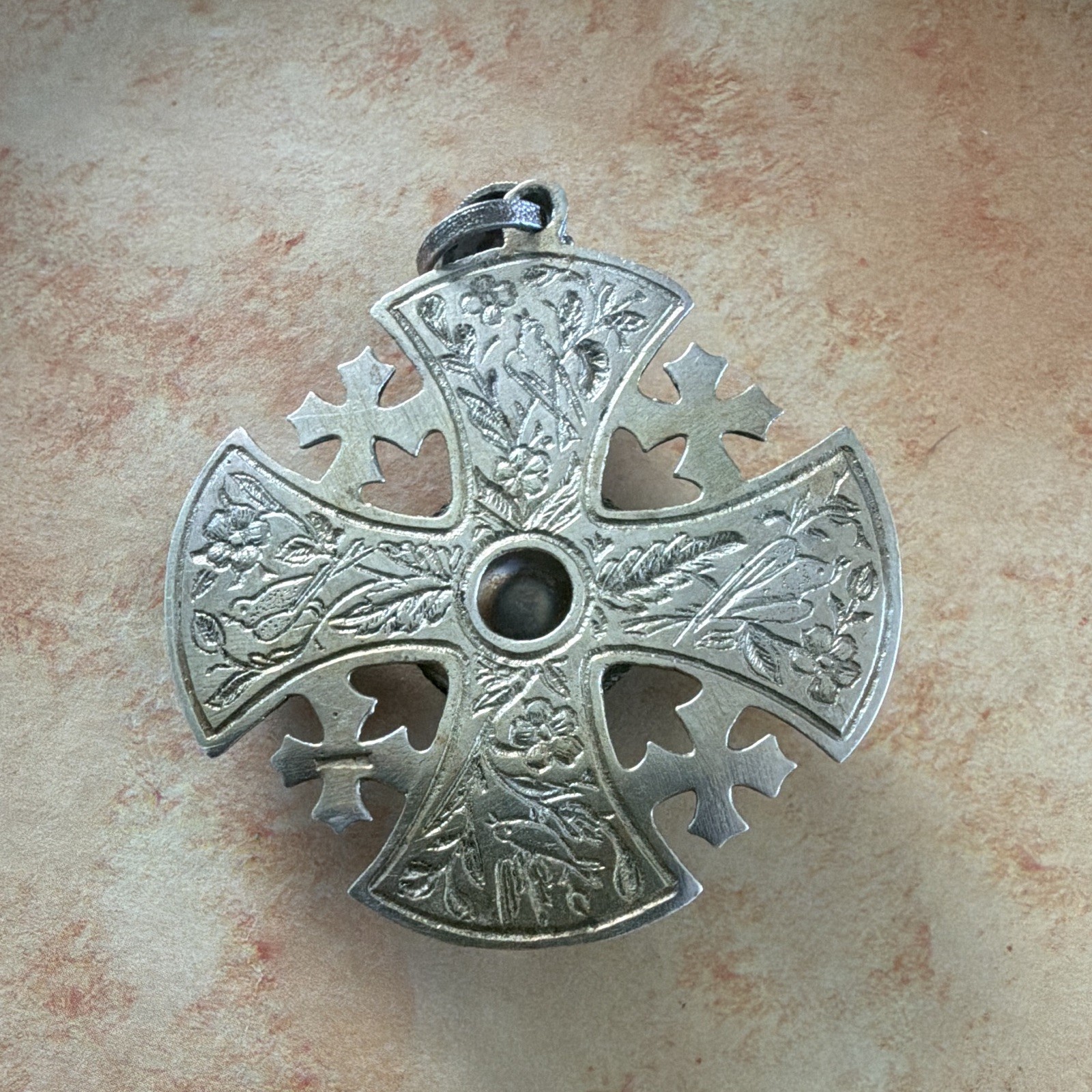 Jerusalem crusaders pendant , Bezel Set Oval Green Stone