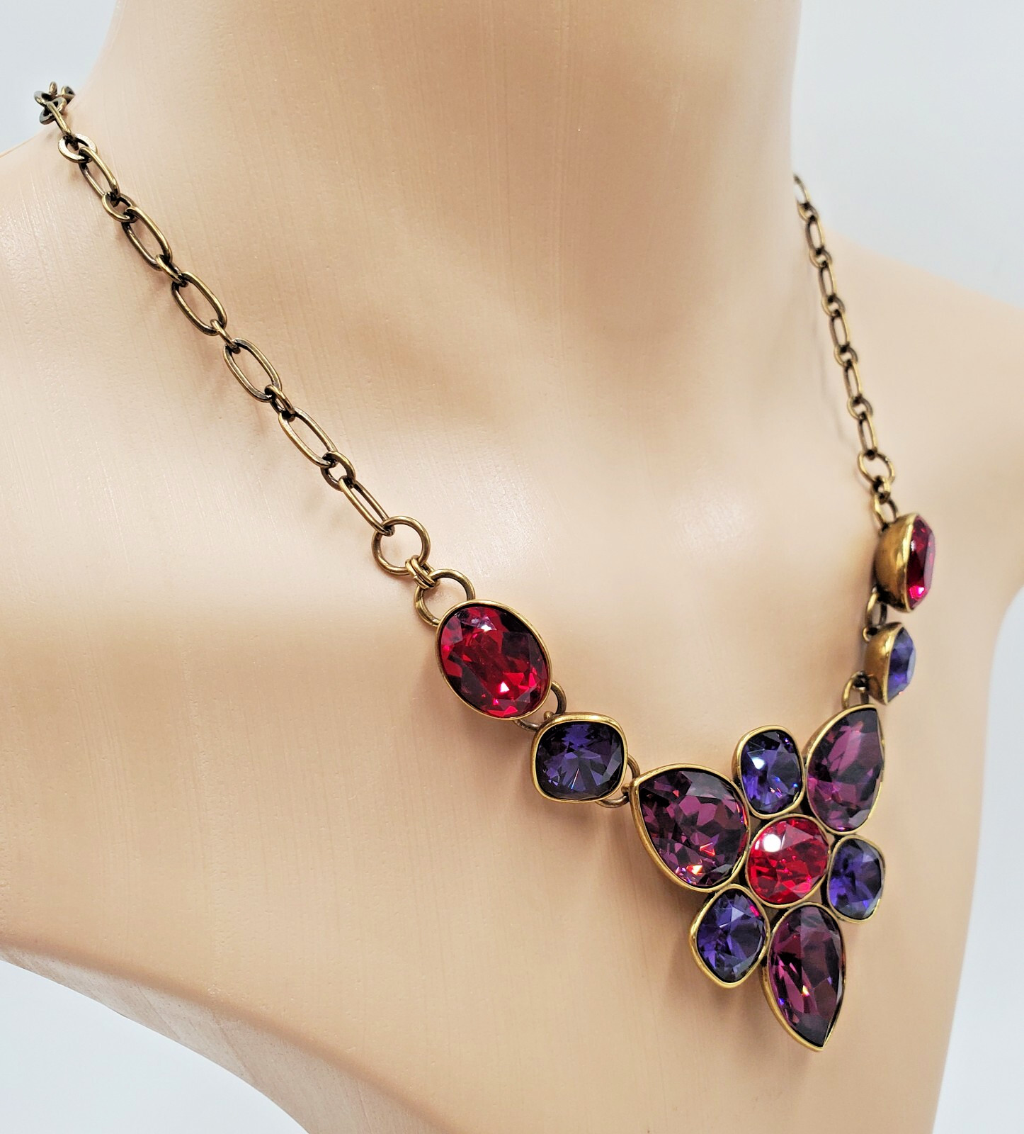 Swarovski Crystal Necklace 18in Brass Tone Red Blue Purple Crystallized TC NEW
