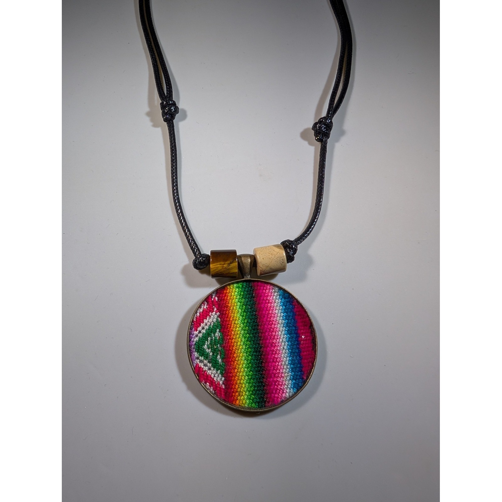 Handmade Rainbow Fabric Pendant Necklace Adjustable Cord Boho Ethnic Style