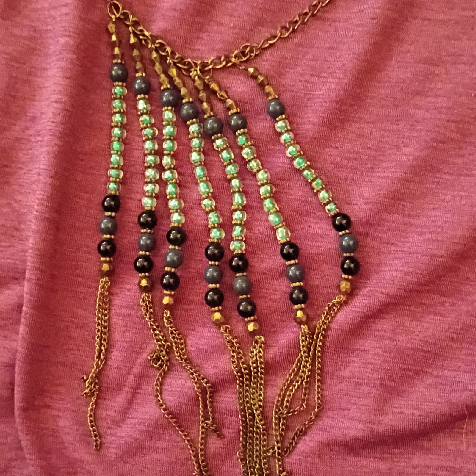 Gold Tone Cable Chain Fringe Pendant Necklace w/ Green Black Glass Beads