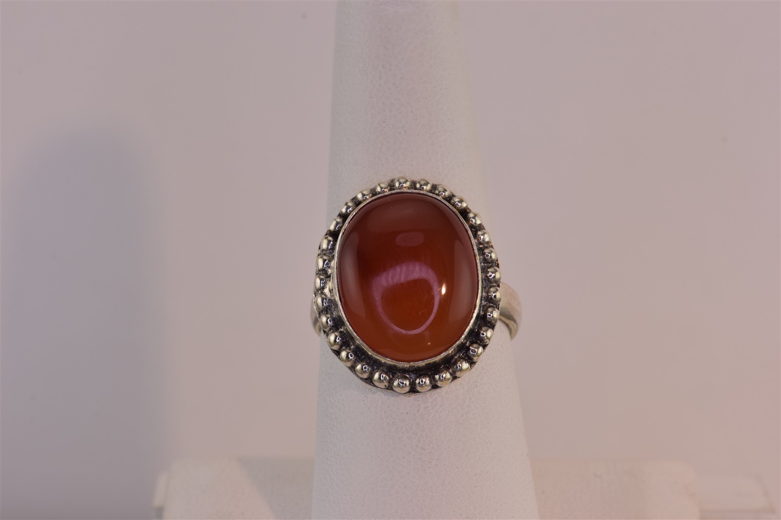 Sterling Silver 21mm Oval Red Carnelian Beaded Bezel Band Ring 925 Sz: 8