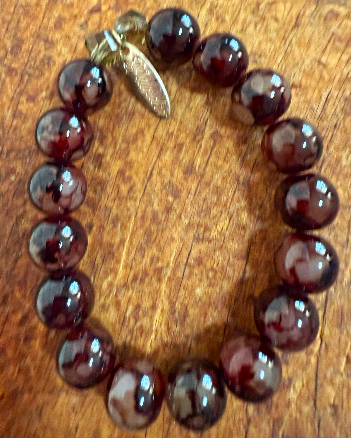 Red Beaded Stone Stretch Slip-On Bracelet, Round Beads, Dangle Charm